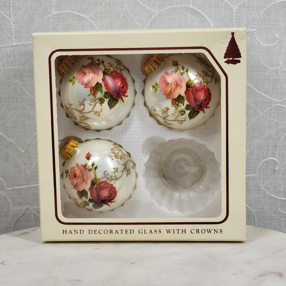 Vtg Christmas by Krebs Rose Ornaments Hand Decorated Glass Ball Crowned Set of 3 - Picture 9 of 16